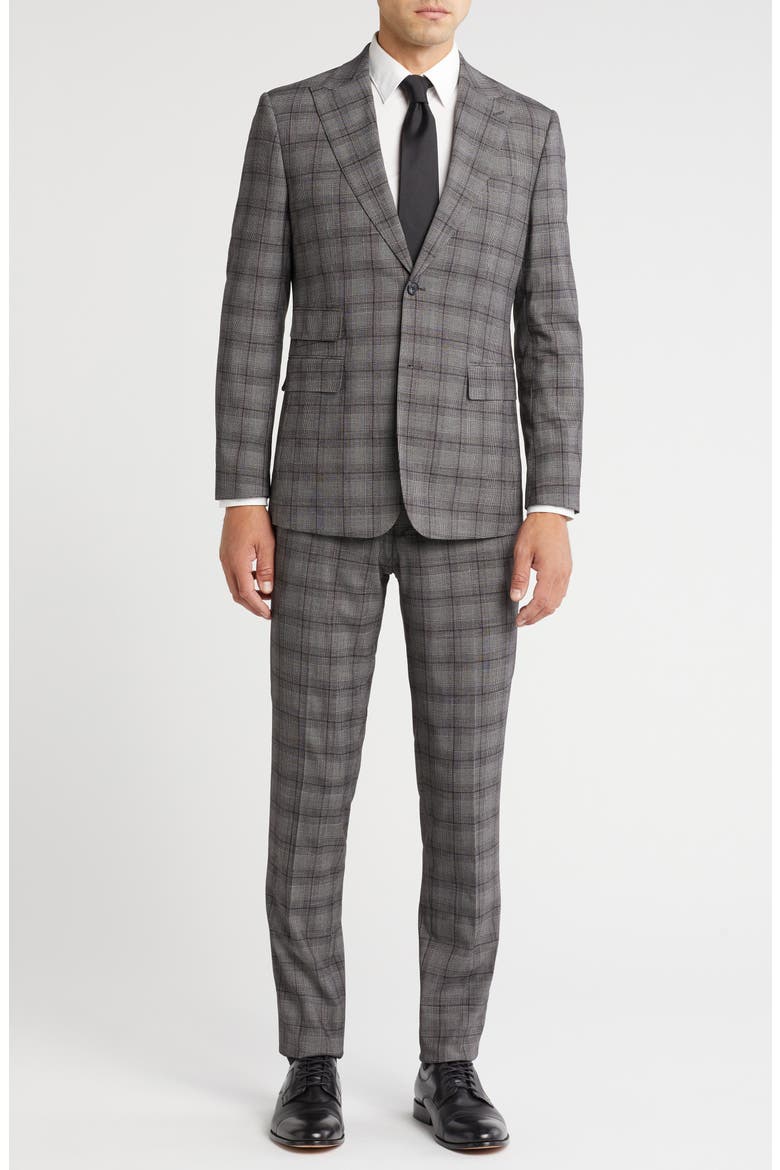 Plaid Trim Fit Peak Lapel Two-Piece Suit, Main, color, GREY