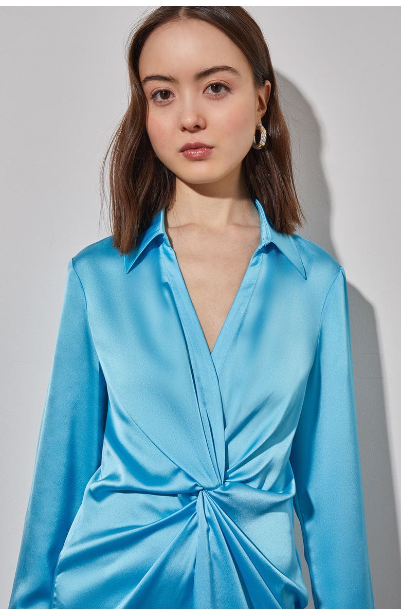 Ming Wang Knot Waist Crepe De Chine Shirt Dress, Alternate, color, Dew Blue