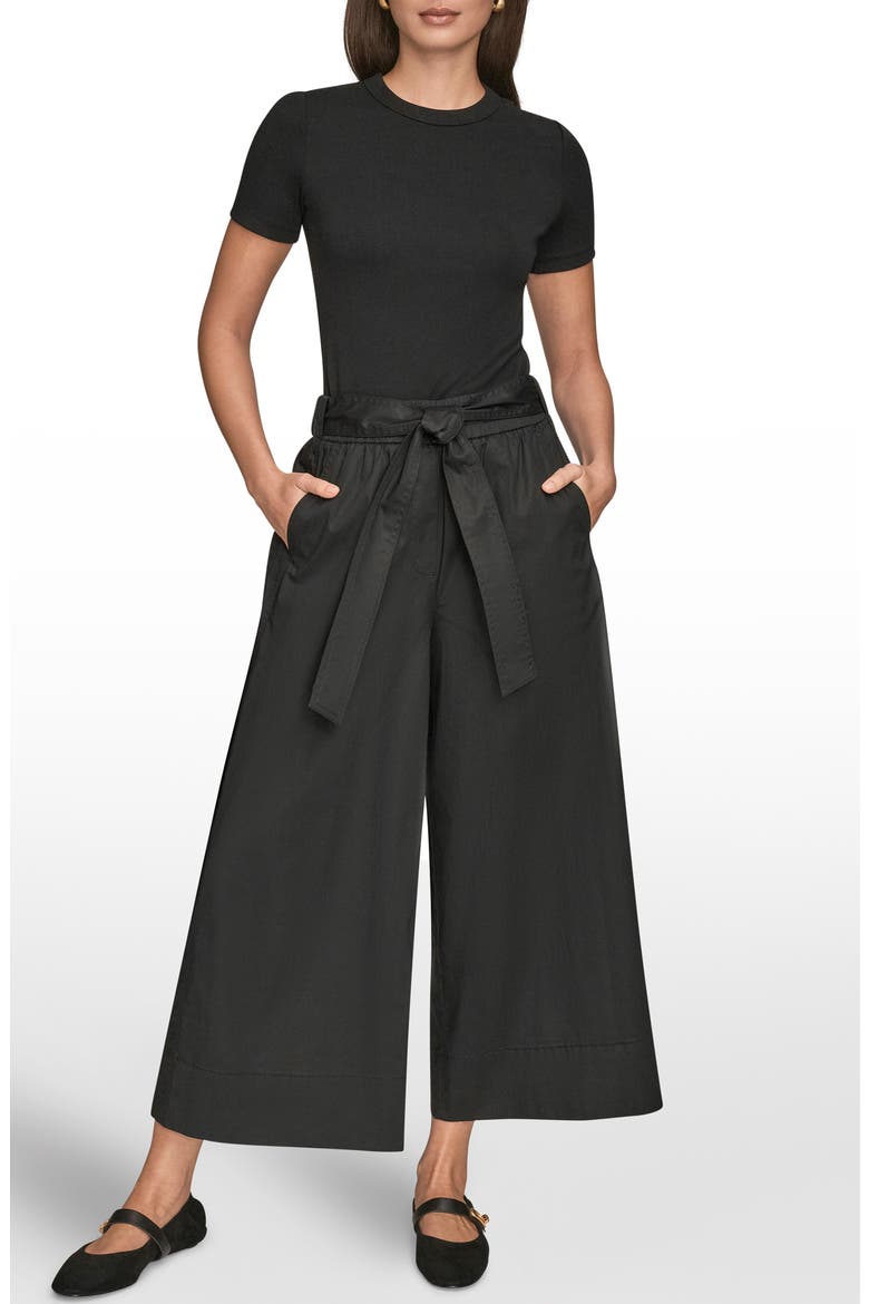 Mid Rise Wide Leg Crop Stretch Cotton Pants, Alternate, color, BLACK