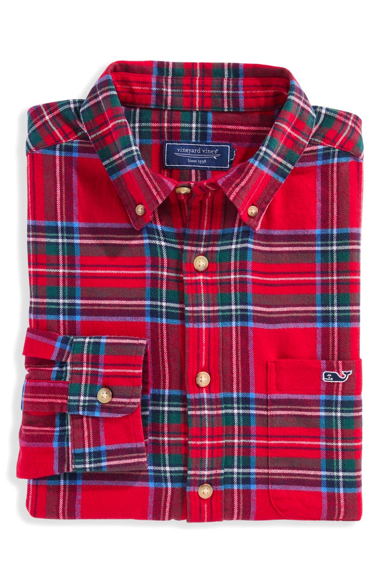 vineyard vines Winterberry Plaid Cotton Flannel Button-Down Shirt, Alternate, color, Red Velvet
