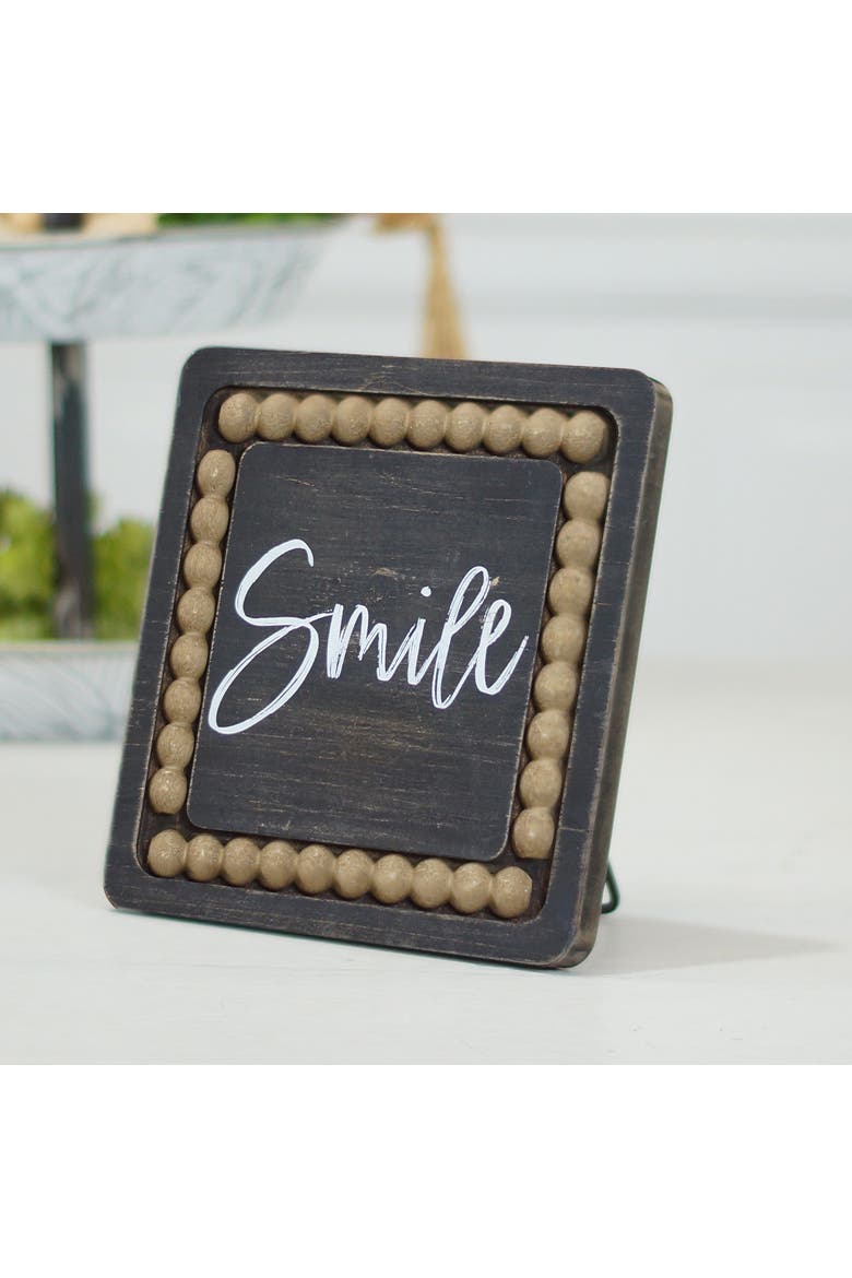 Wood 8 Inch Black Smile Sign with Beaded Accent and Easel Back, Farmhouse Tabletop Decoration, Alternate, color, Black