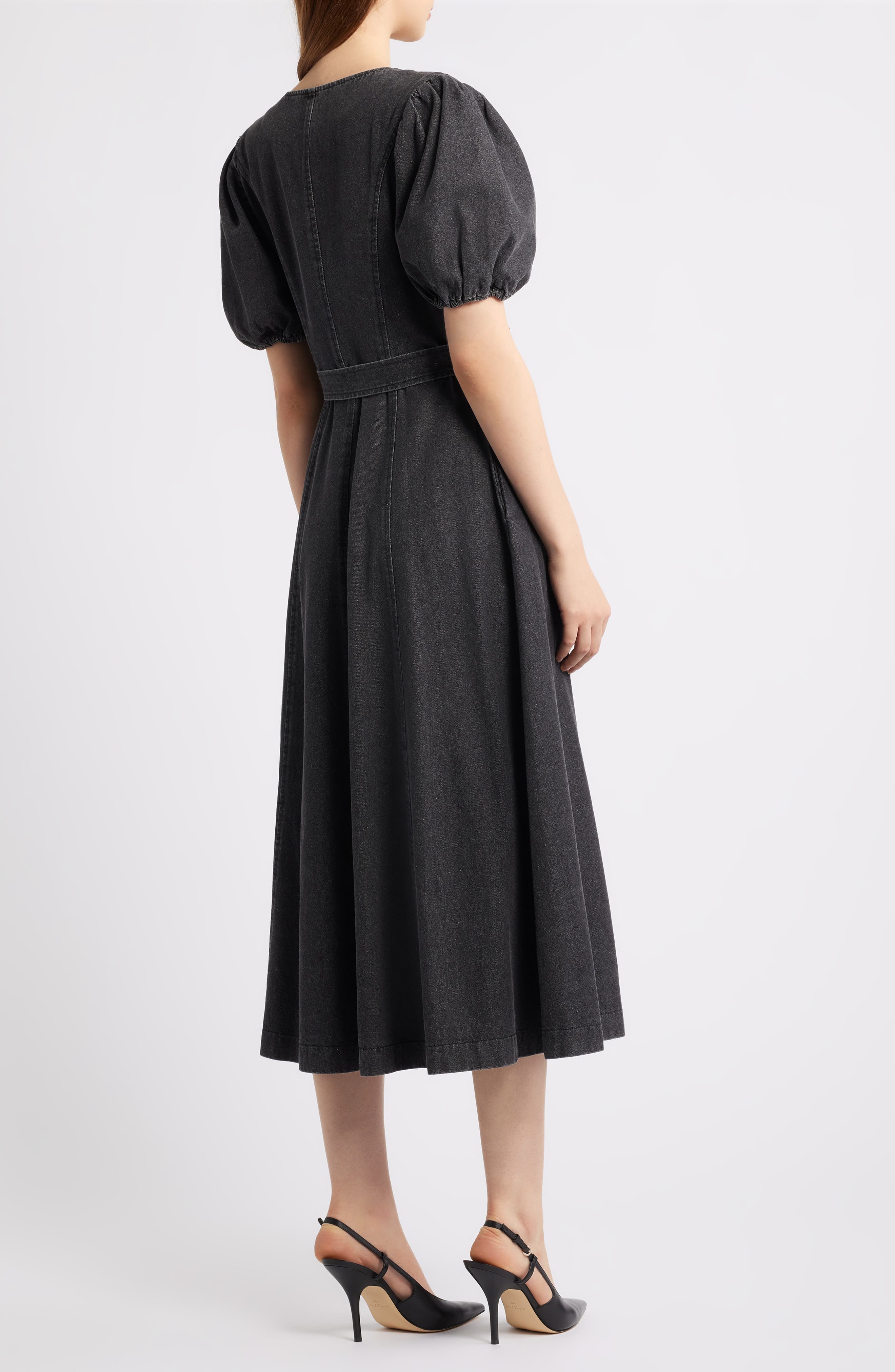 FREEMARKET Women's Puff Sleeve Belted Cotton Blend Denim Shirtdress - Black