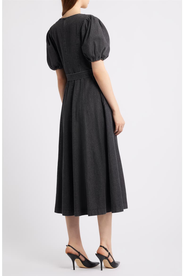 Puff Sleeve Belted Cotton Blend Denim Shirtdress, Alternate, color, BLACK DENIM