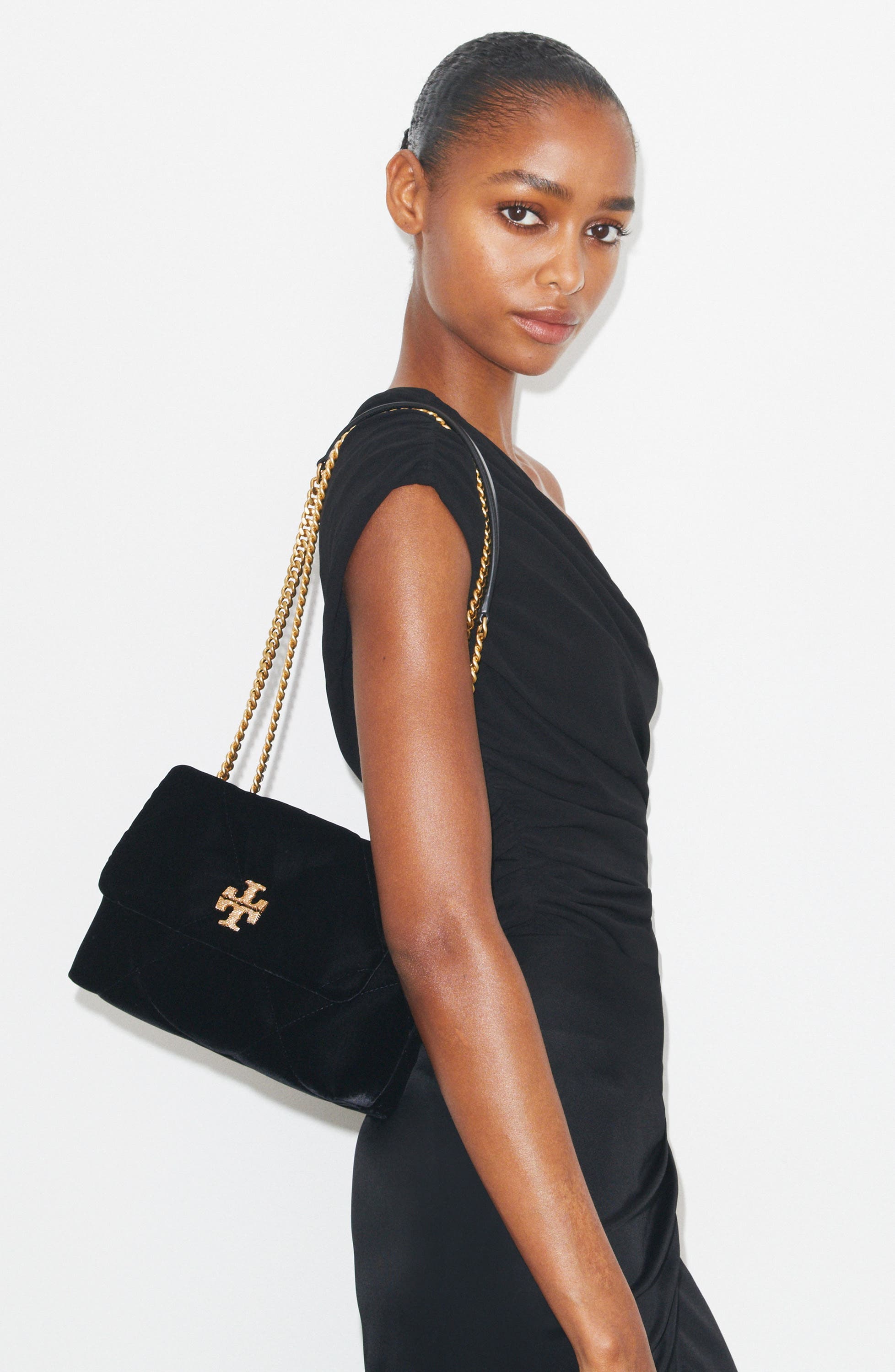 Tory Burch Kira Velvet Quilted Convertible Shoulder Bag, Alternate, color, Black