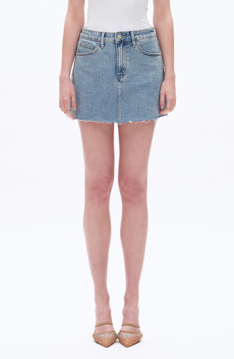 Rhinestone Raw Hem Denim Miniskirt