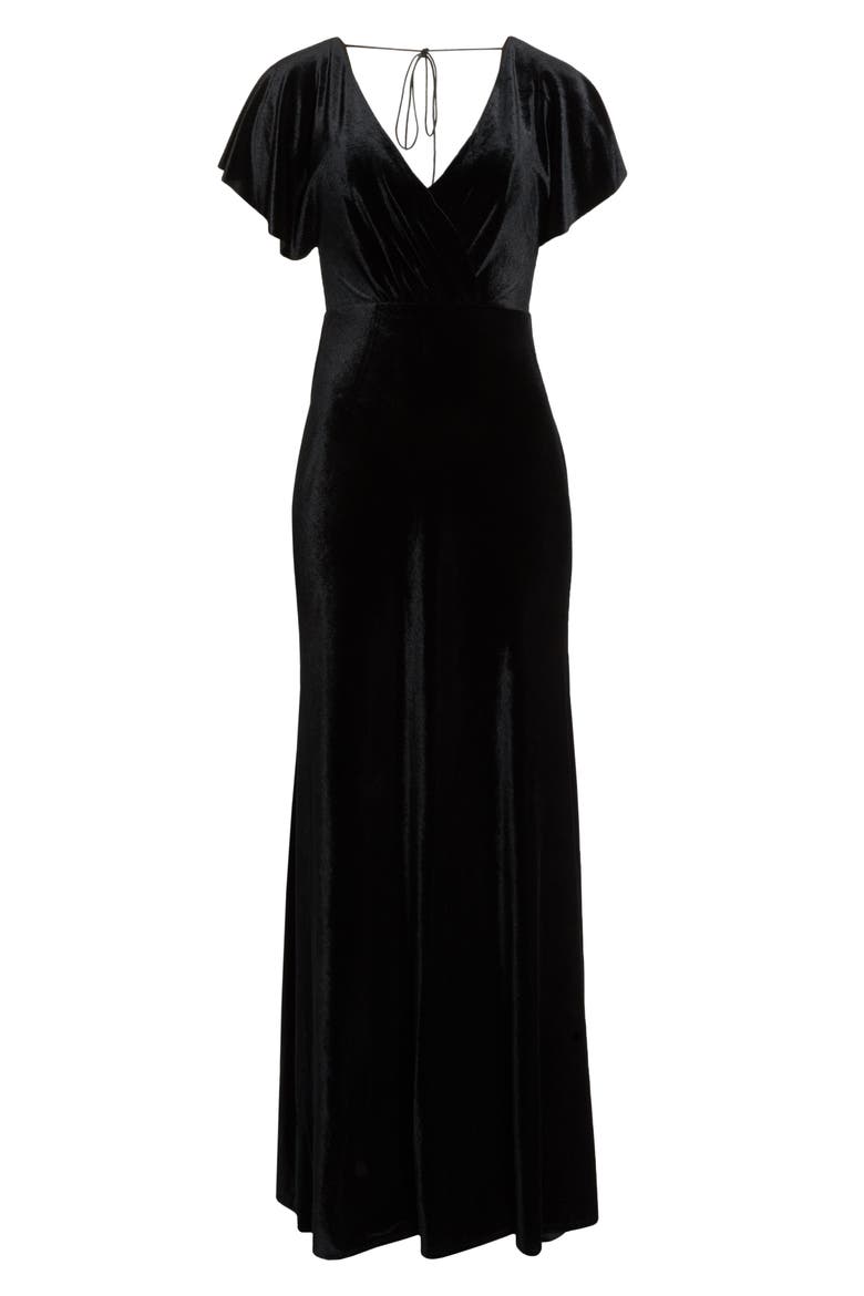 Ellis Flutter Sleeve Stretch Velvet Gown, Alternate, color, BLACK