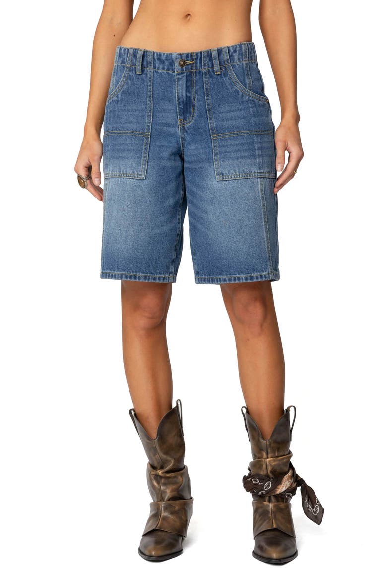 Tris Low Rise Denim Bermuda Shorts, Main, color, BLUE