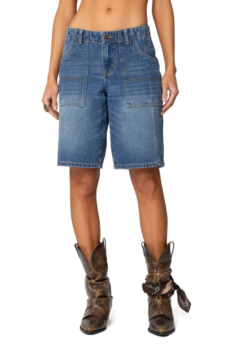 EDIKTED Tris Low Rise Denim Bermuda Shorts, Main, color, Blue