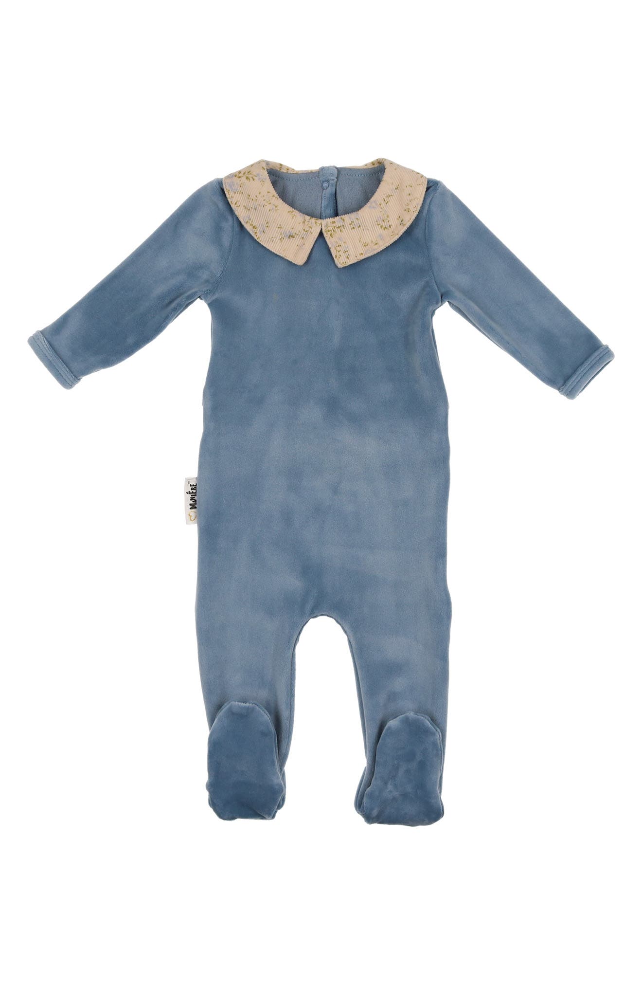 Manière Floral Collar Velour Footie in Sky Blue 