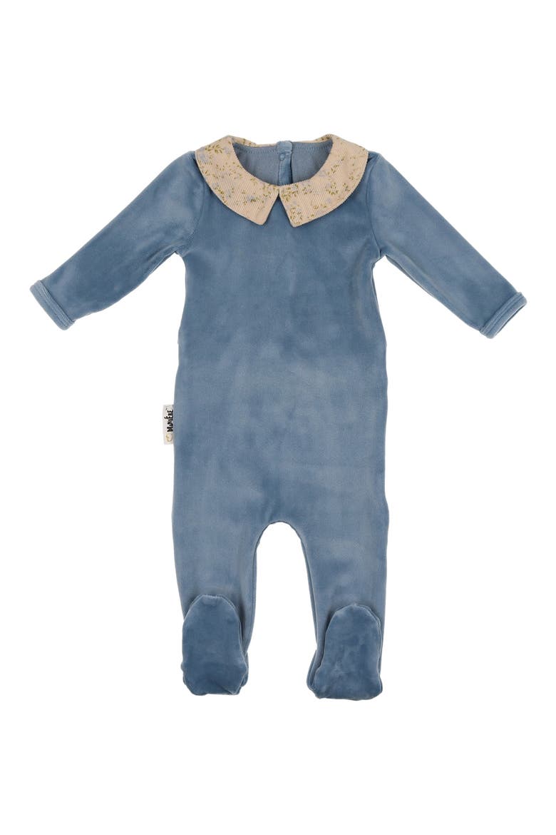 Floral Collar Velour Footie, Main, color, SKY BLUE