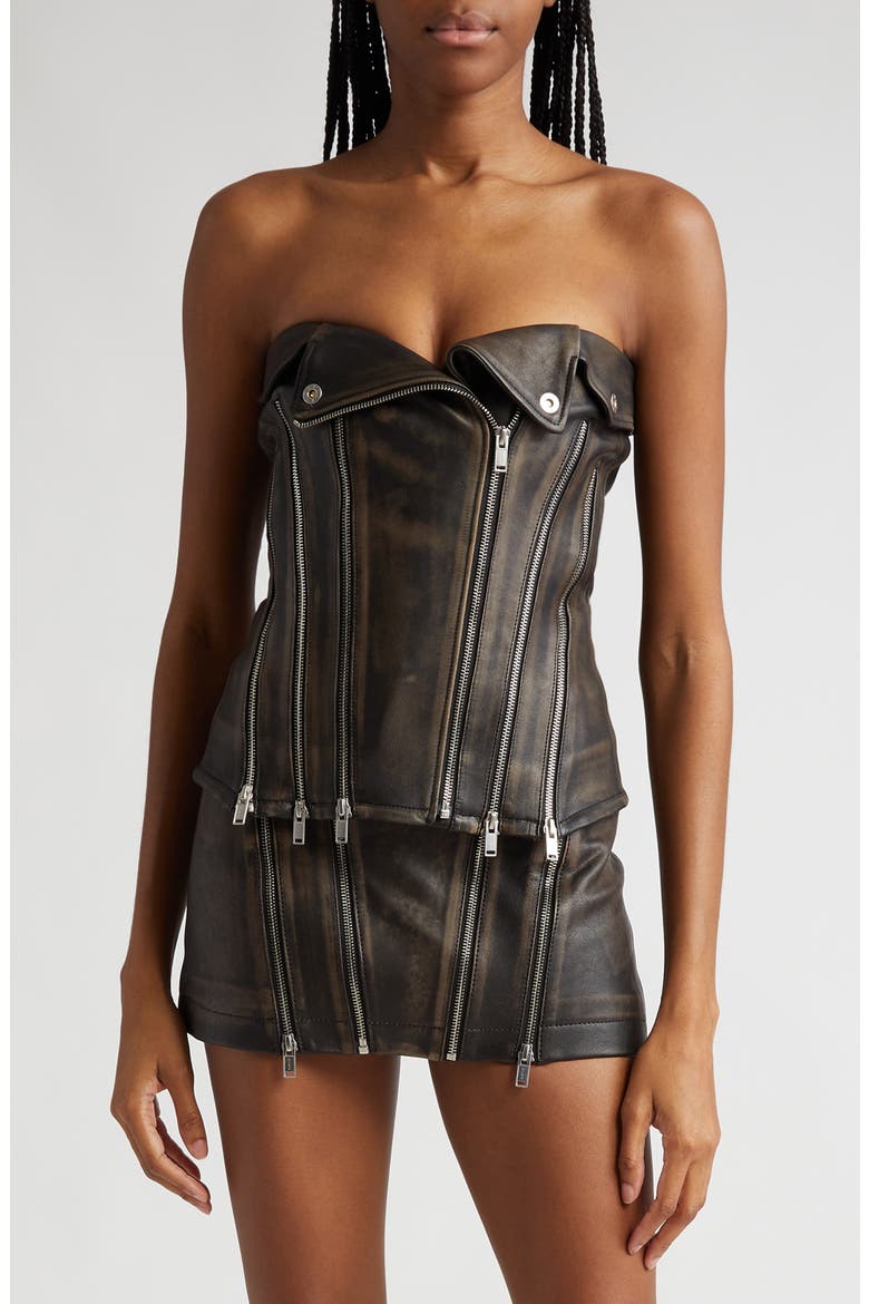 Zip Leather Biker Corset, Main, color, BURNISHED BLACK