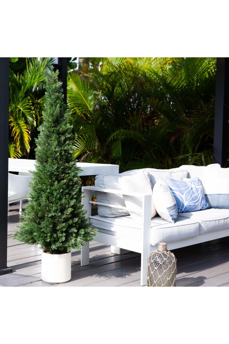 5-ft UV Resistant Artificial Cedar Tree in Decorative White Planter, Alternate, color, Green