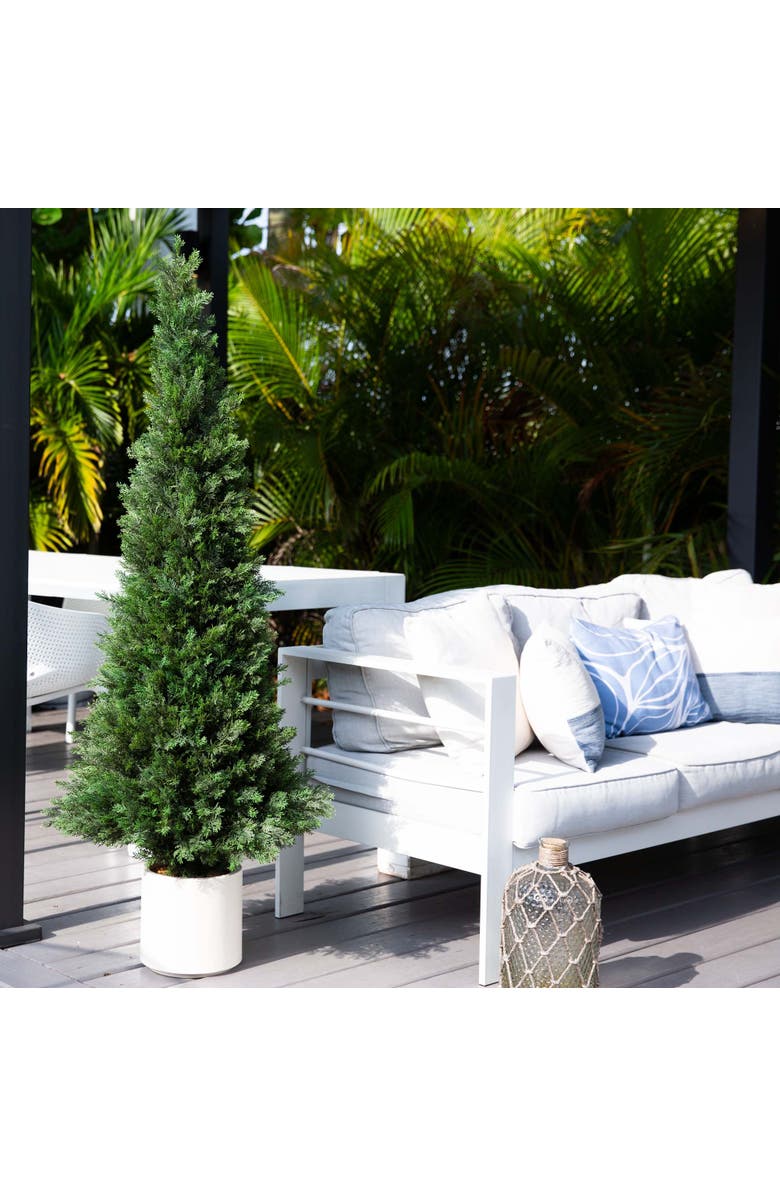 NEARLY NATURAL 5-ft UV Resistant Artificial Cedar Tree in Decorative White Planter, Alternate, color, Green