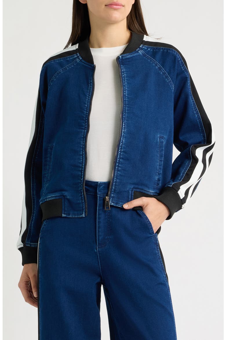 Athletic Stripe Denim Bomber Jacket, Main, color, INDIGO