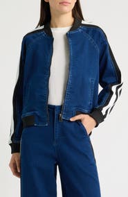 CITY BLUES Athletic Stripe Denim Bomber Jacket