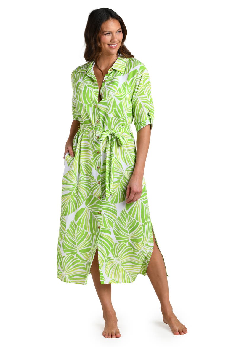 Serene Palm Roll Tab Cuff Long Sleeve Cover-Up Shirtdress, Alternate, color, APPLE