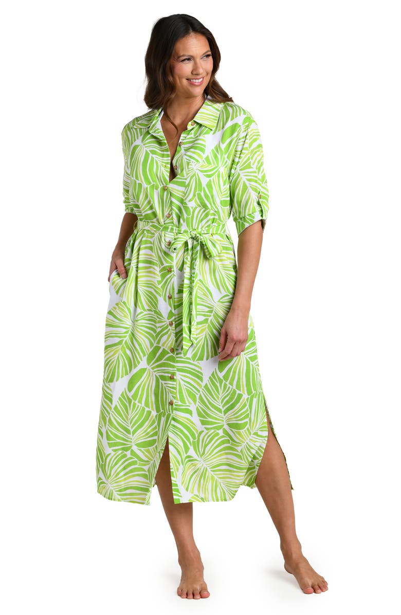 La Blanca Serene Palm Roll Tab Cuff Long Sleeve Cover-Up Shirtdress, Alternate, color, Apple