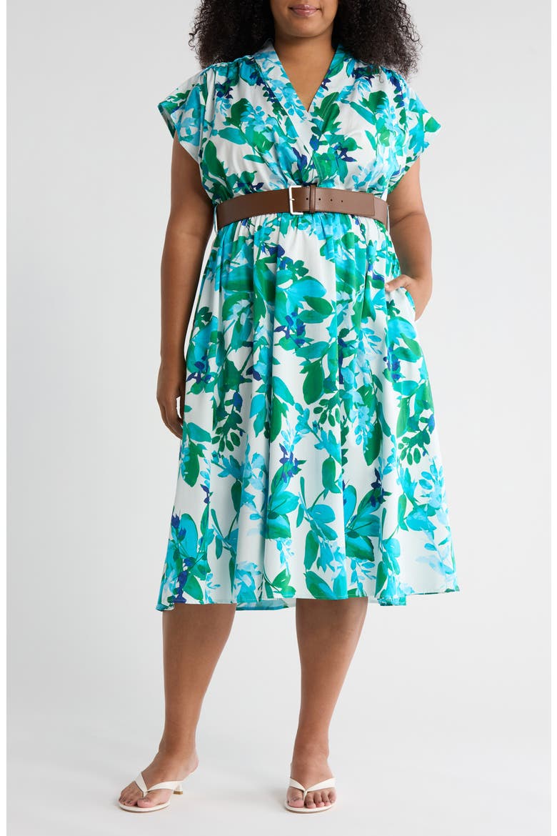 Belted Stretch Cotton Midi Dress, Main, color, KELLY MULTI