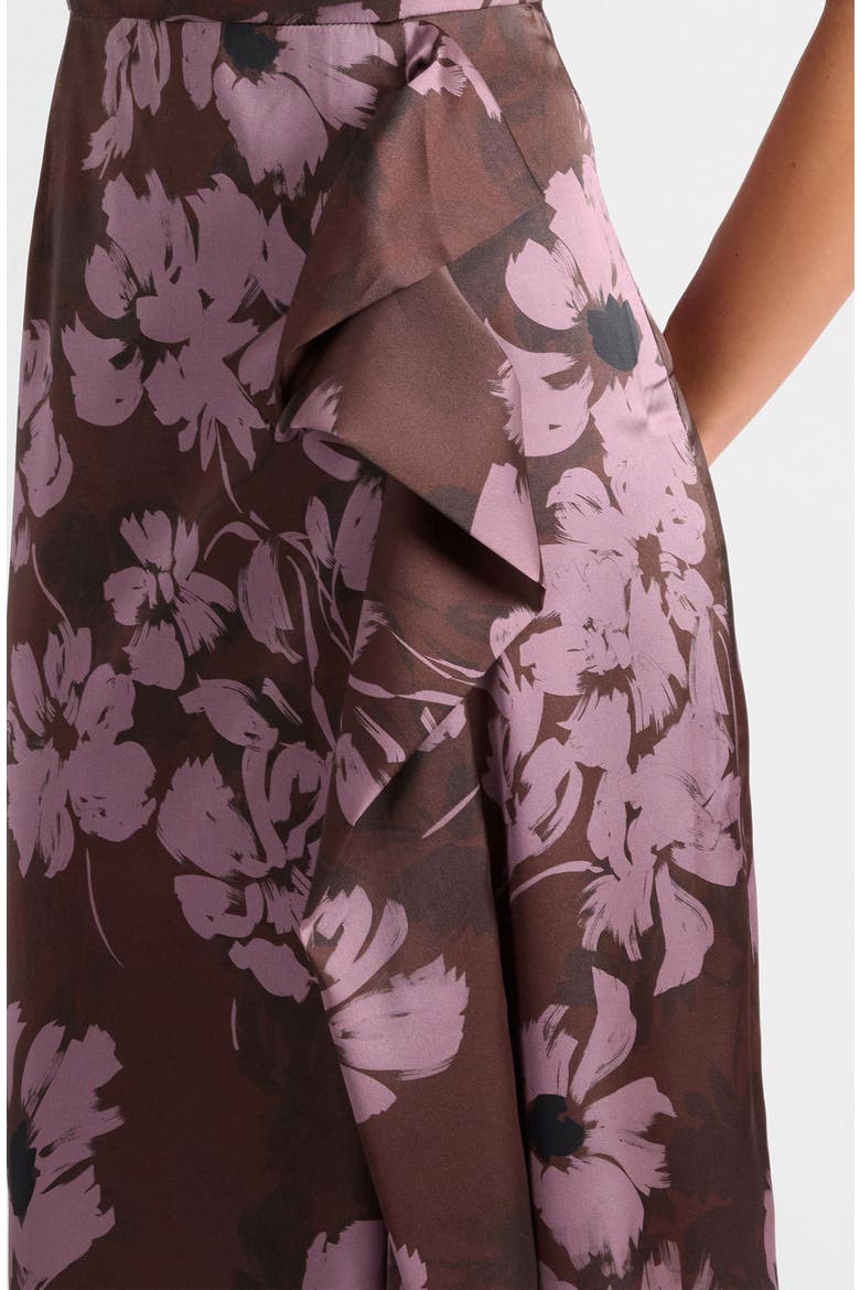 Nica Sleeveless Dress with Side Ruffle in Floral Twill Crepe, Alternate, color, RAISIN
