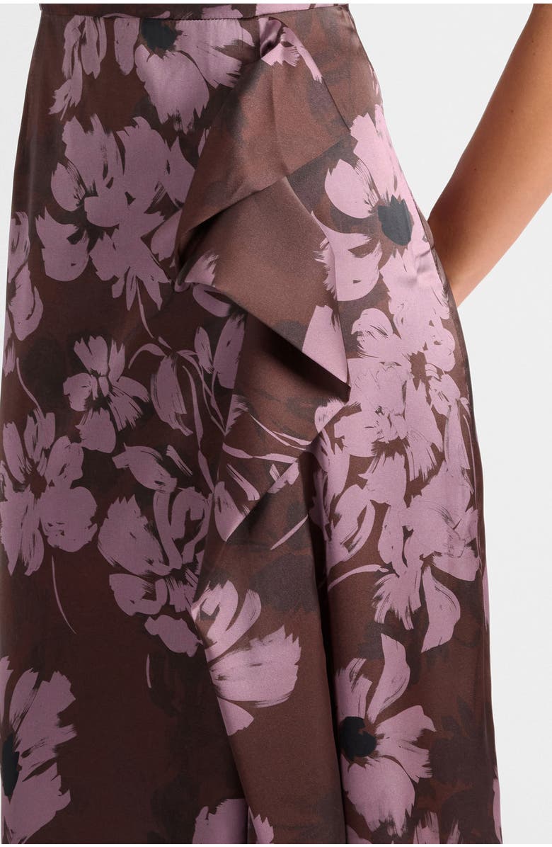 Santorelli Nica Sleeveless Dress with Side Ruffle in Floral Twill Crepe, Alternate, color, Raisin