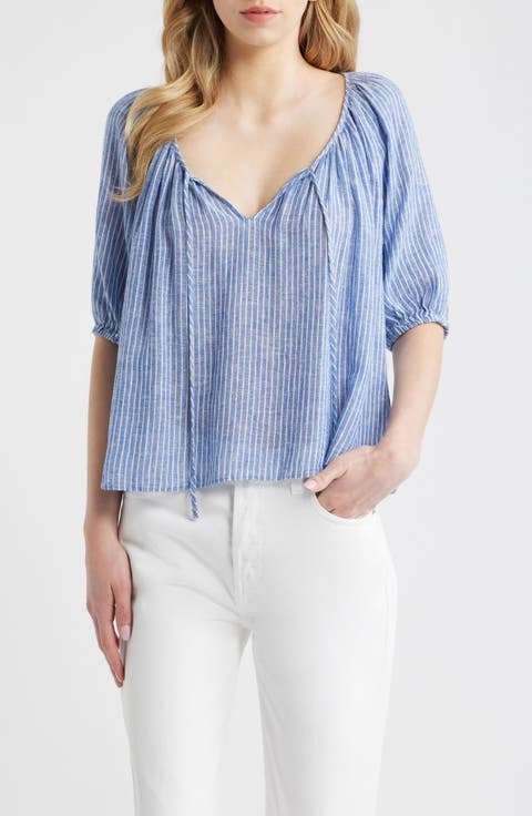Kirstie Stripe Split Neck Linen Blend Top