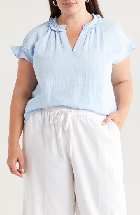 Ruffle Accent Cotton Gauze Top (Plus)