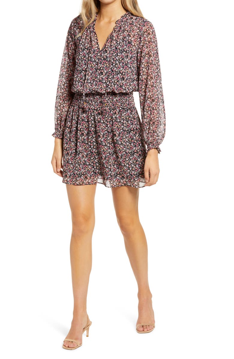 Socialite Long Sleeve Smocked Waist Chiffon Minidress, Main, color,