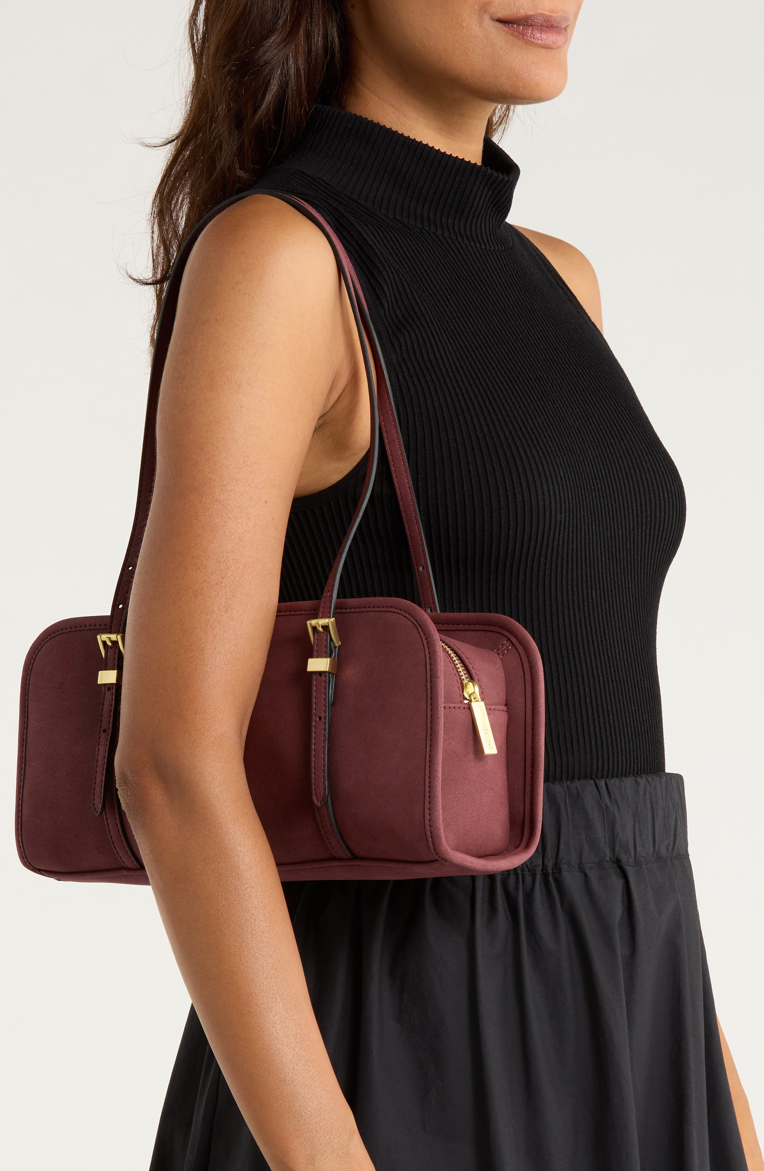 BCBG Suede East/West Shoulder Bag, Alternate, color, Cherry Wine