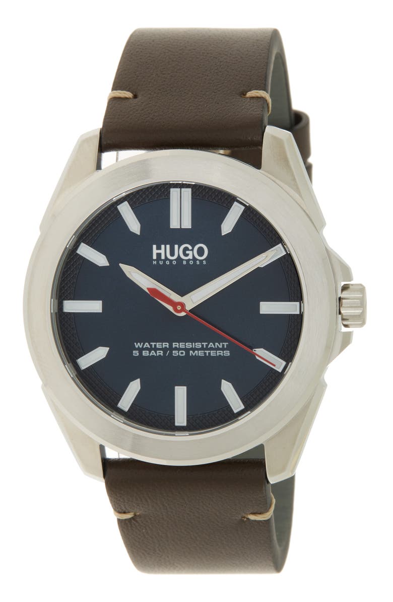 HUGO #Adventure Leather Strap Watch, 42mm, Main, color, Blue