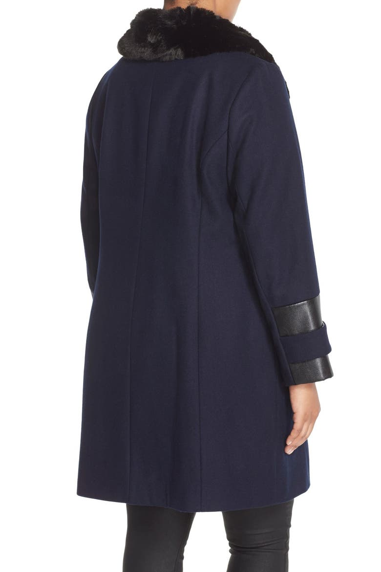 Faux Leather & Faux Fur Trim Asymmetrical Wool Blend Coat, Alternate, color, NAVY