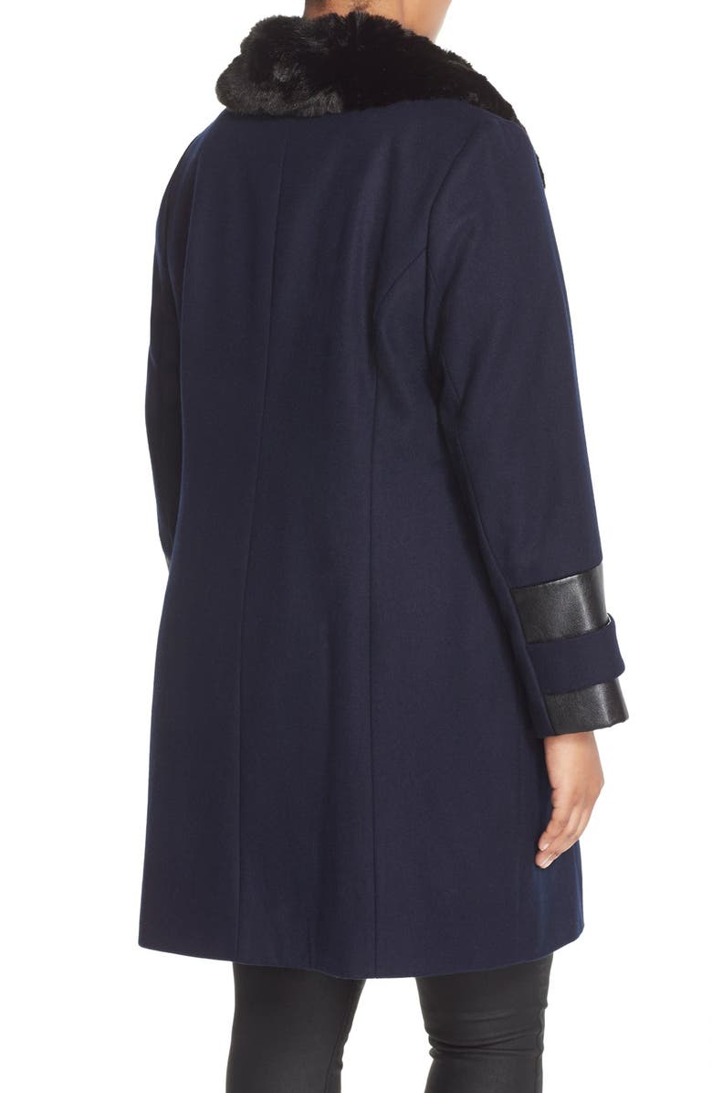 Via Spiga Faux Leather & Faux Fur Trim Asymmetrical Wool Blend Coat, Alternate, color, 
