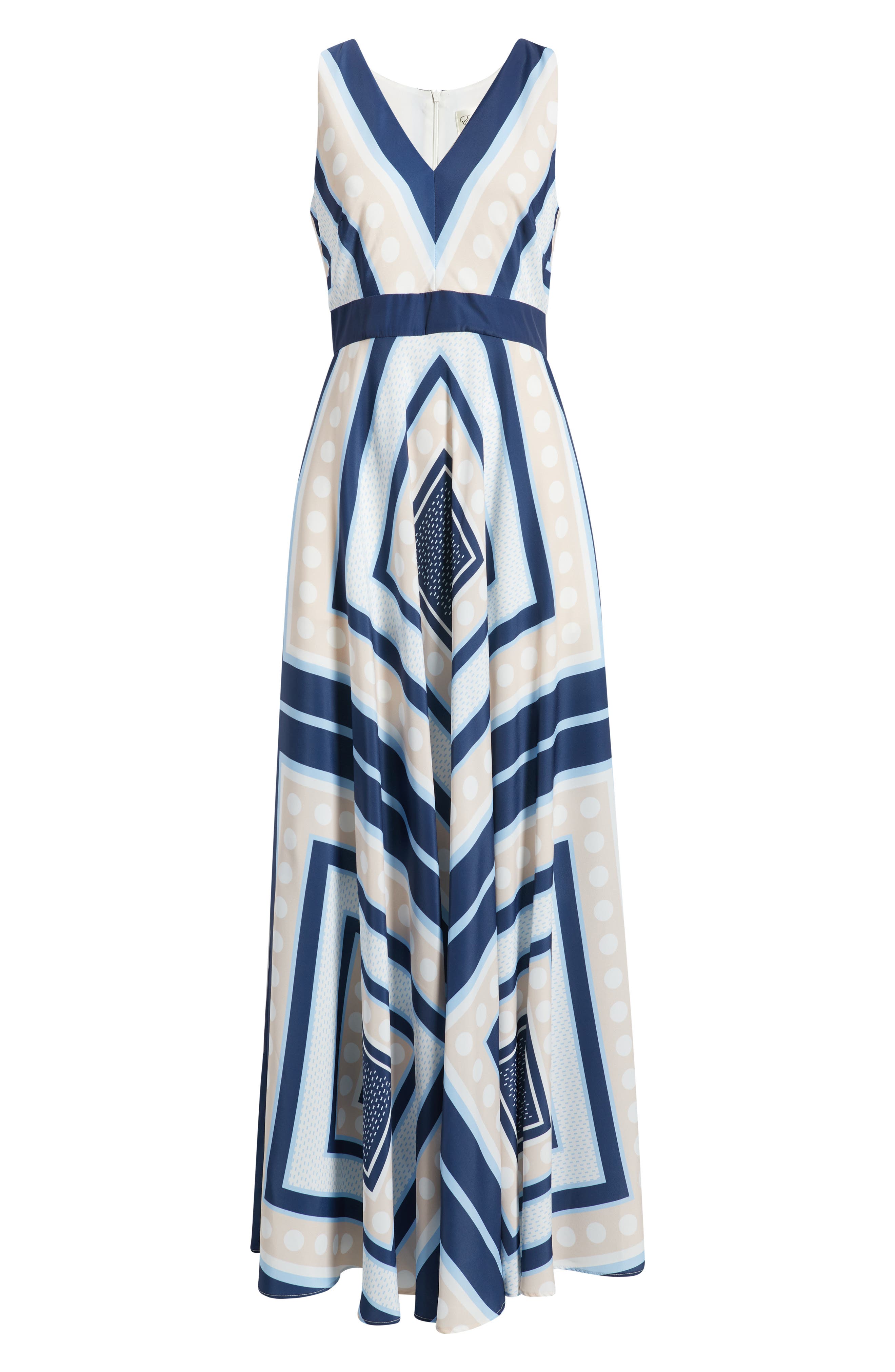 scarf print crêpe de chine fit & flare maxi dress Eliza J Printed V-Neck Sleeveless A-Line Maxi Dress, Womens, 6, Navy