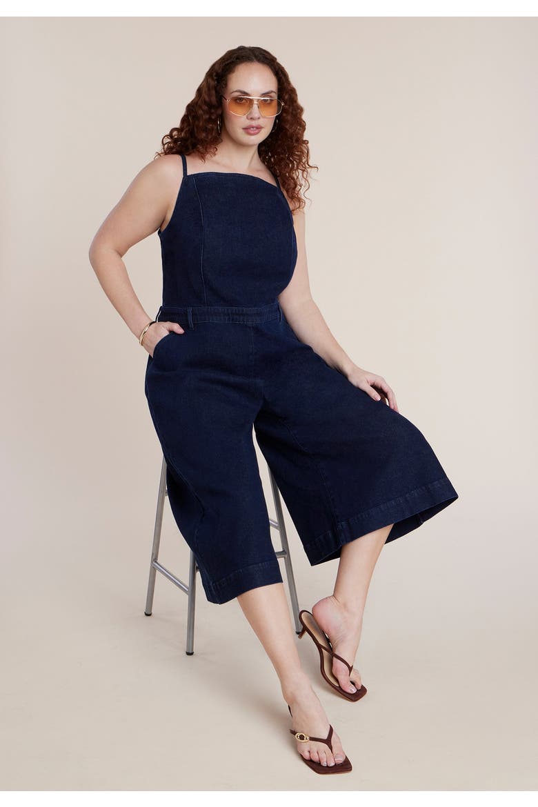 Stretch Denim Culotte Jumpsuit, Alternate, color, DARK WASH