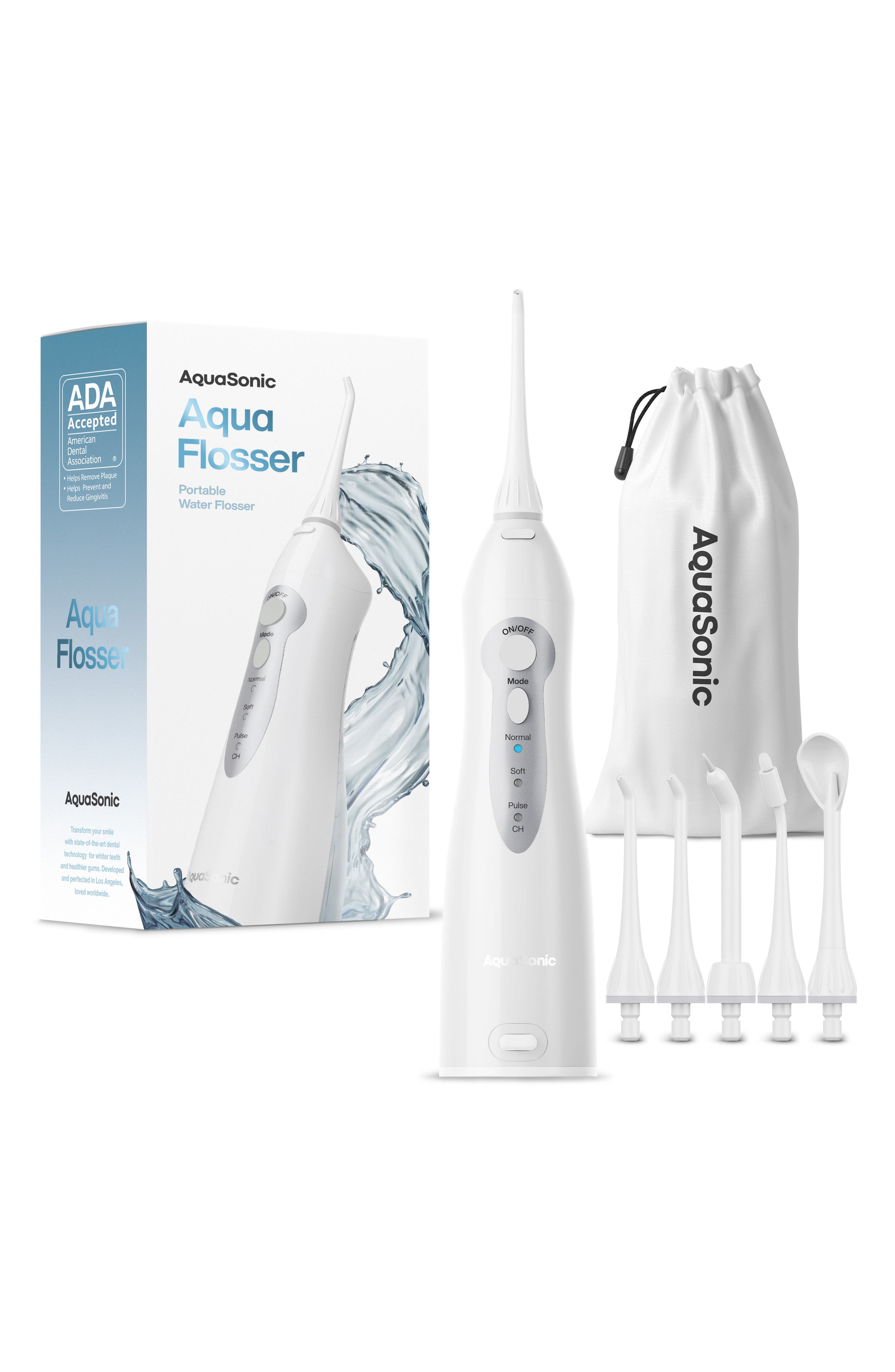 AQUASONIC White Water Flosser with 4 Tips & Travel Pouch