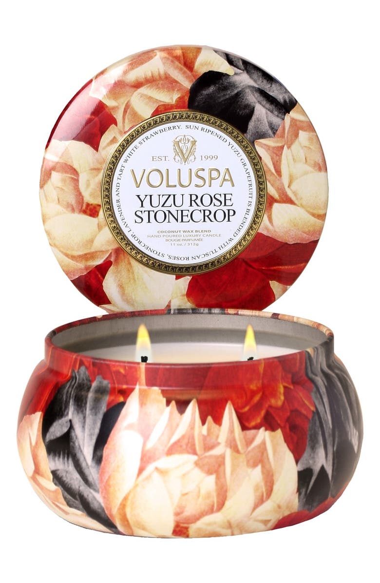 Voluspa Maison Jardin Yuzu Rose Stonecrop Maison Metallo Two-Wick Candle, Main, color, 