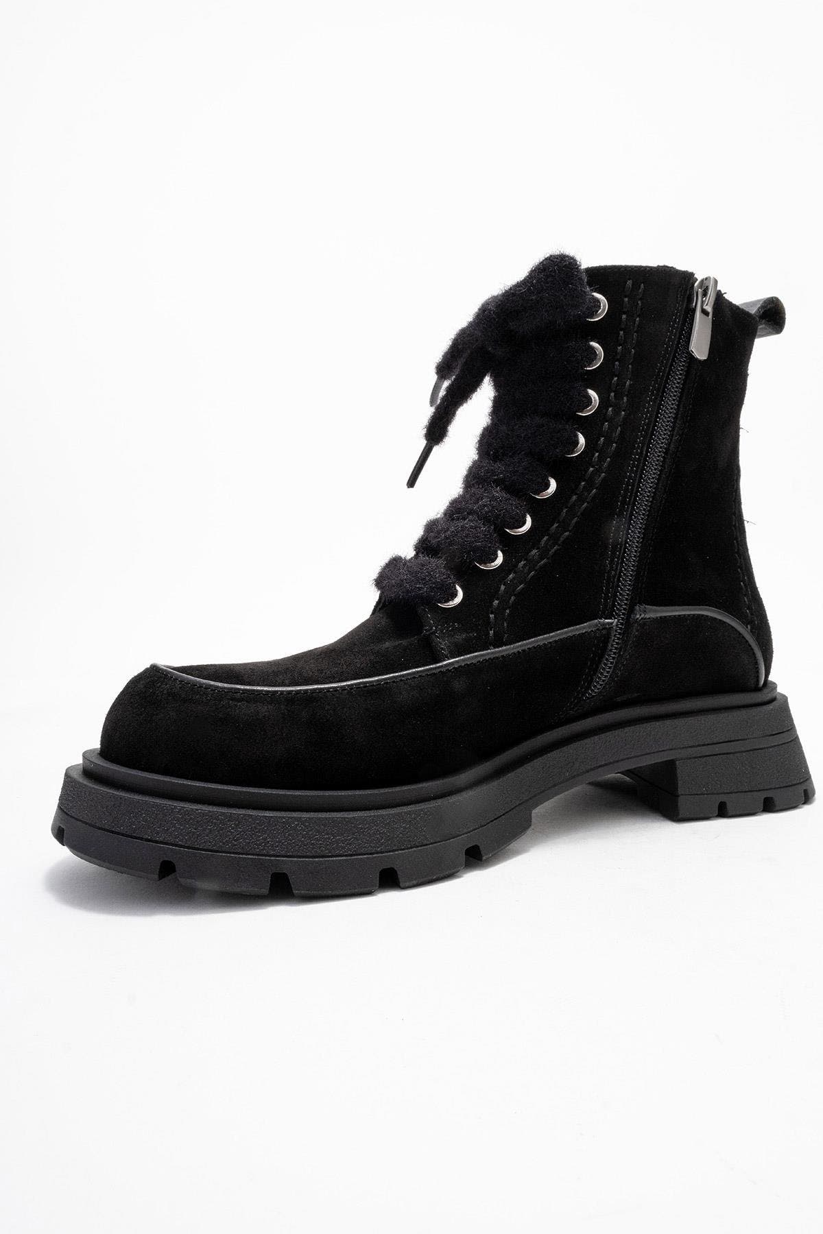 Mina Leather Combat Boot, Alternate, color, Black Suede Leather
