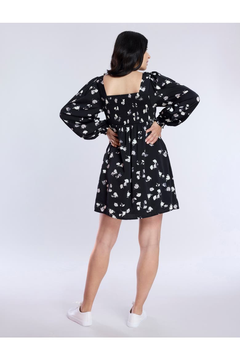 Smocked Babydoll Long Sleeve Mini Dress, Alternate, color, Black Floral