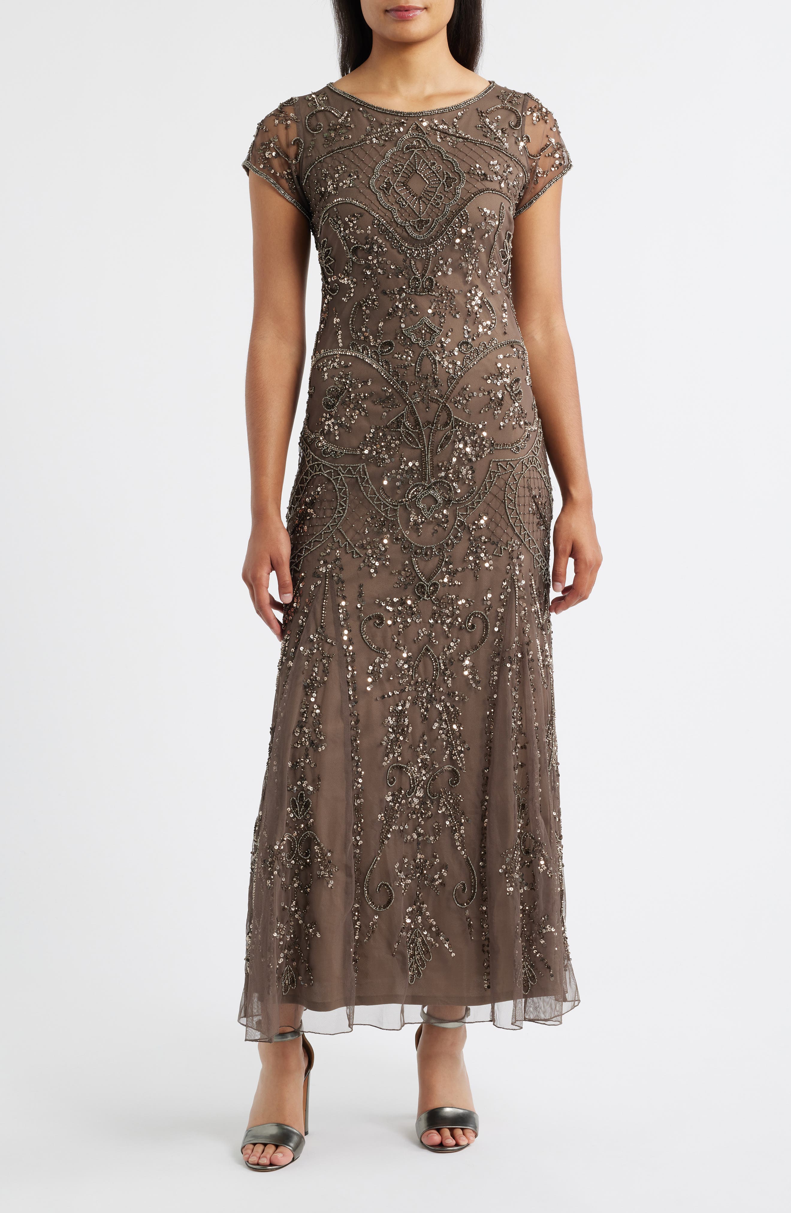 Pisarro Nights Beaded Mesh Midi Cocktail Dress