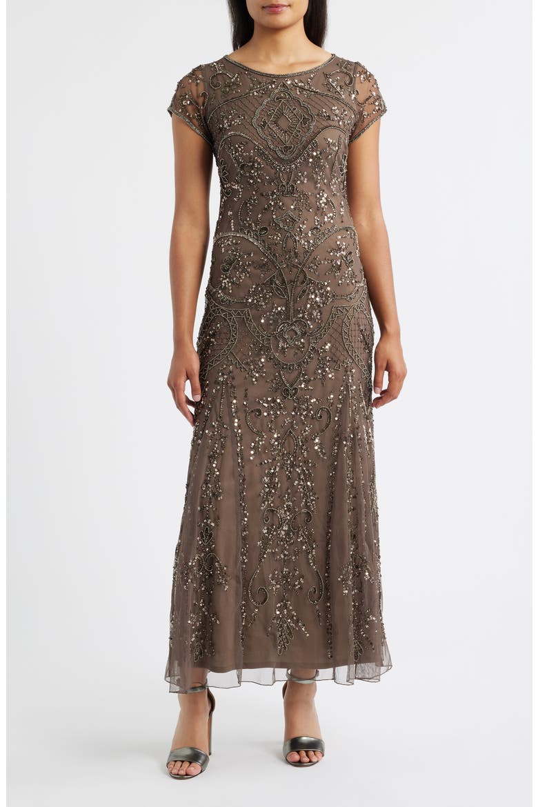 Beaded Mesh Midi Cocktail Dress, Main, color, DARK MOCHA 278