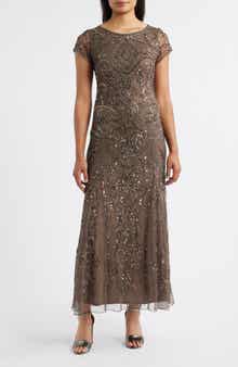 Pisarro Nights Beaded Mesh Midi Cocktail Dress