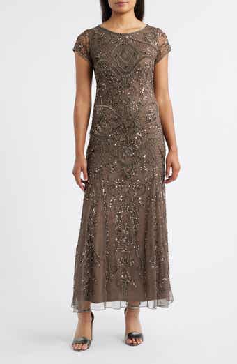 Pisarro Nights Beaded Mesh Midi Cocktail Dress