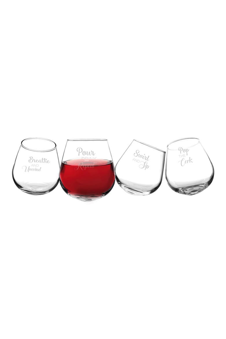 Pop the Cork Tipsy Set of 4 Stemless Wine Glasses, Alternate, color, CLEAR