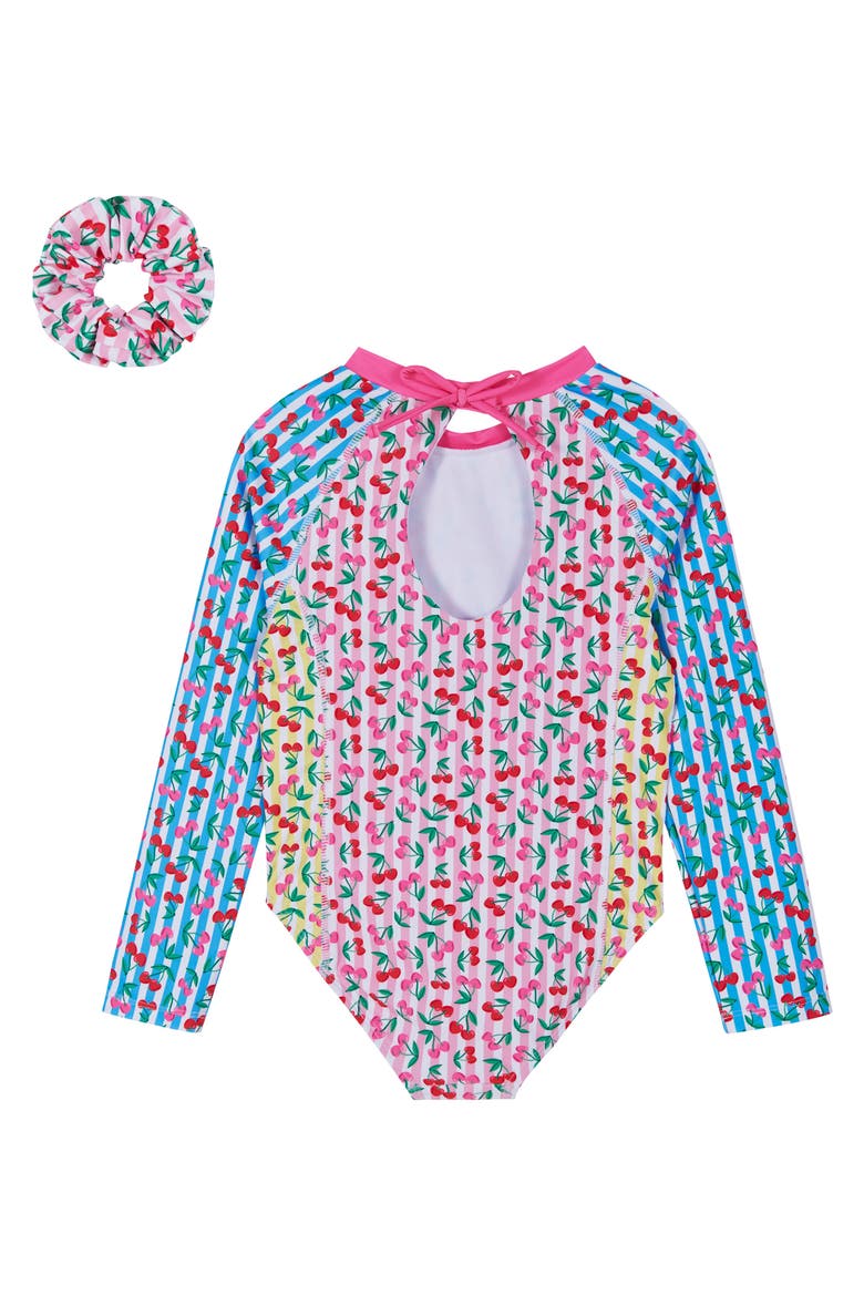 Kids' Print Long Sleeve One-Piece Rashguard Swimsuit & Hair Tie Set, Alternate, color, PINK CHERRY