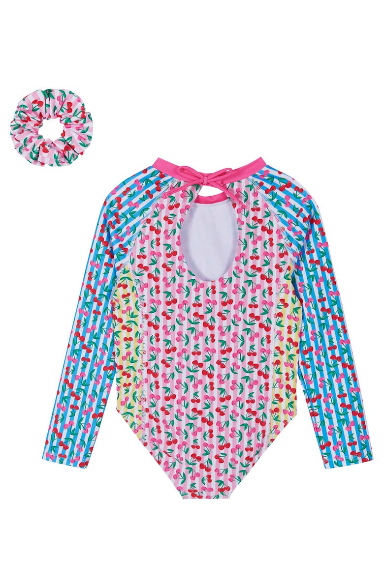 Andy & Evan Kids' Print Long Sleeve One-Piece Rashguard Swimsuit & Hair Tie Set, Alternate, color, Pink Cherry