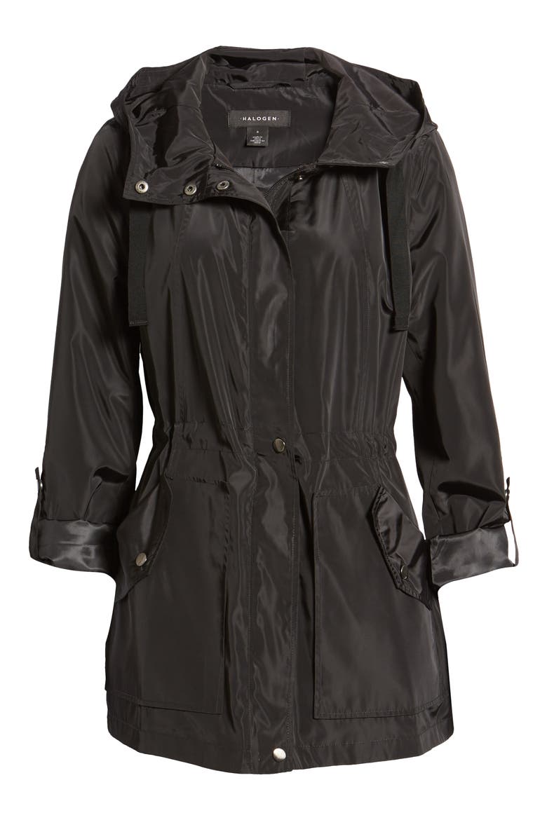 Hooded Cinch Waist Rain Jacket, Alternate, color, BLACK