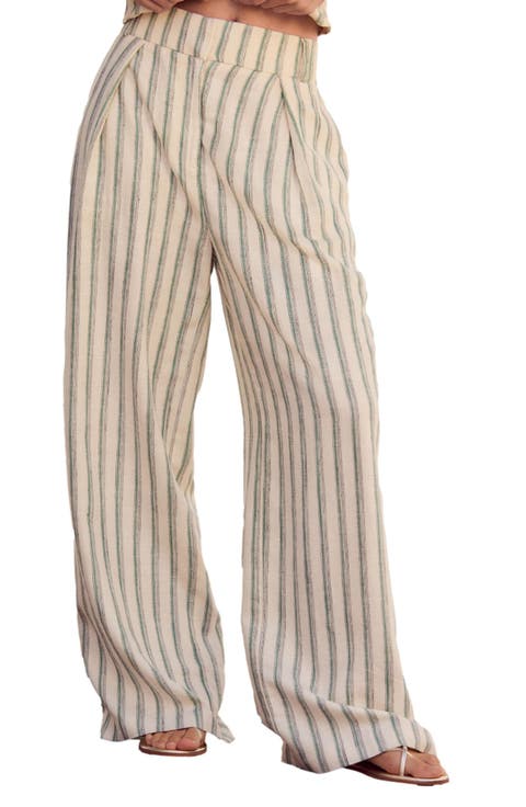 Elastic Back Stripe Wide Leg Linen Pants