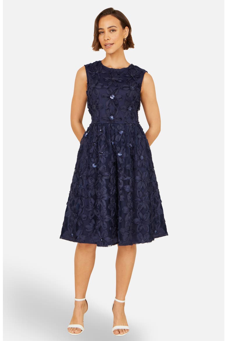 Sequin Floral Applique Skater Dress, Alternate, color, Navy