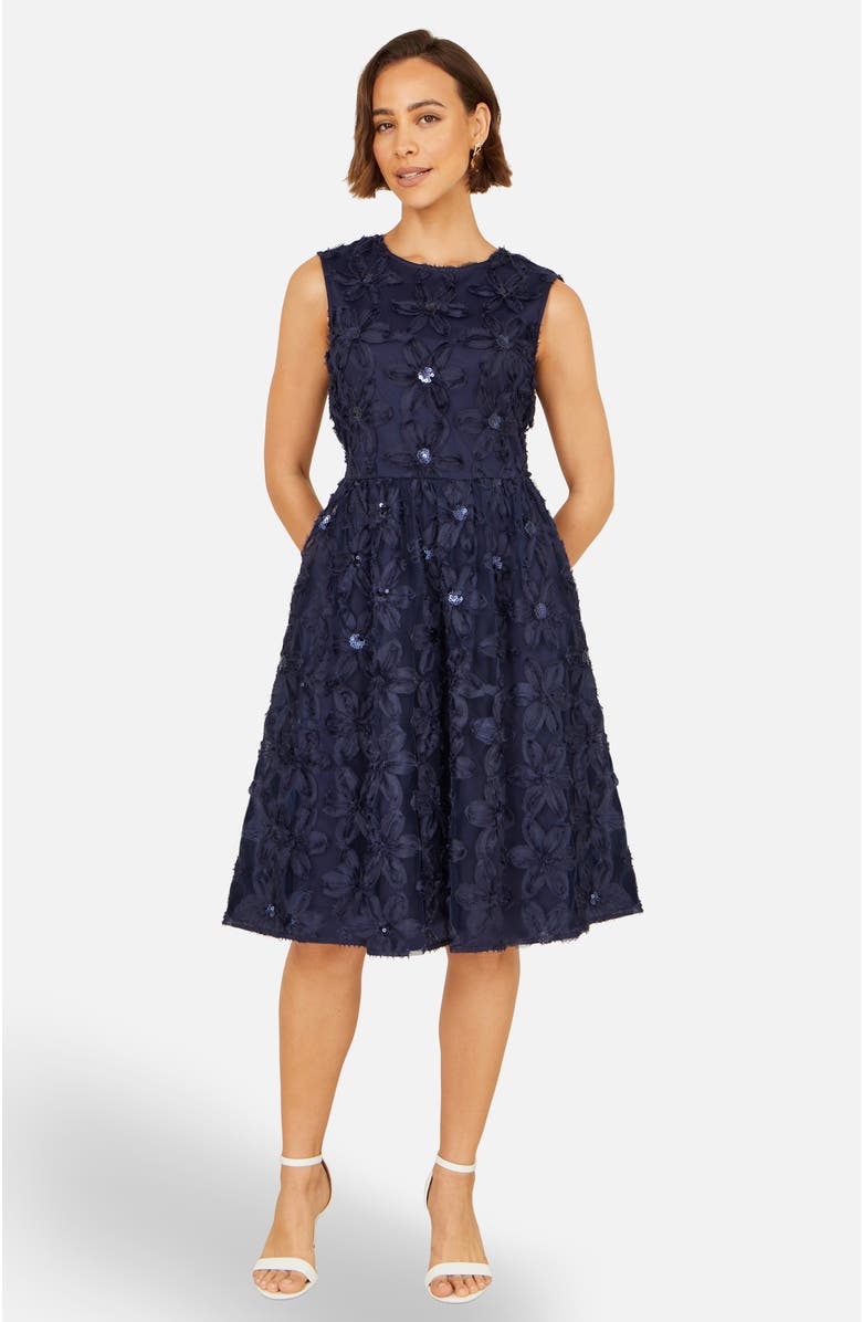 Yumi Sequin Floral Applique Skater Dress, Alternate, color, Navy
