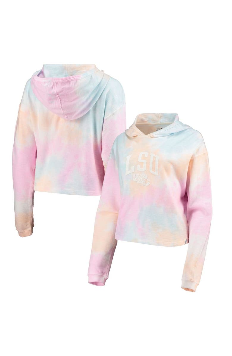 LEAGUE COLLEGIATE WEAR Women's League Collegiate Wear Pink/White LSU Tigers Tie-Dye Cropped Pullover Hoodie, Main, color,