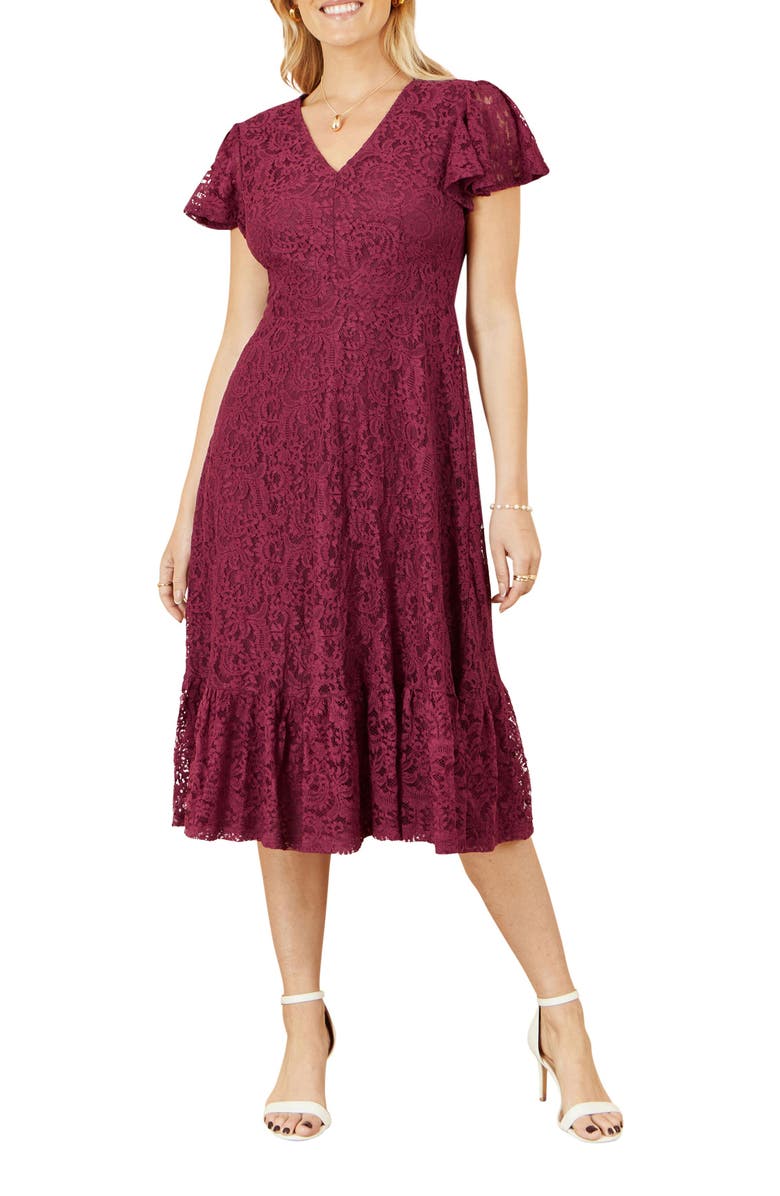 Yumi Short Sleeve Lace Midi Skater Dress, Alternate, color, Burgundy